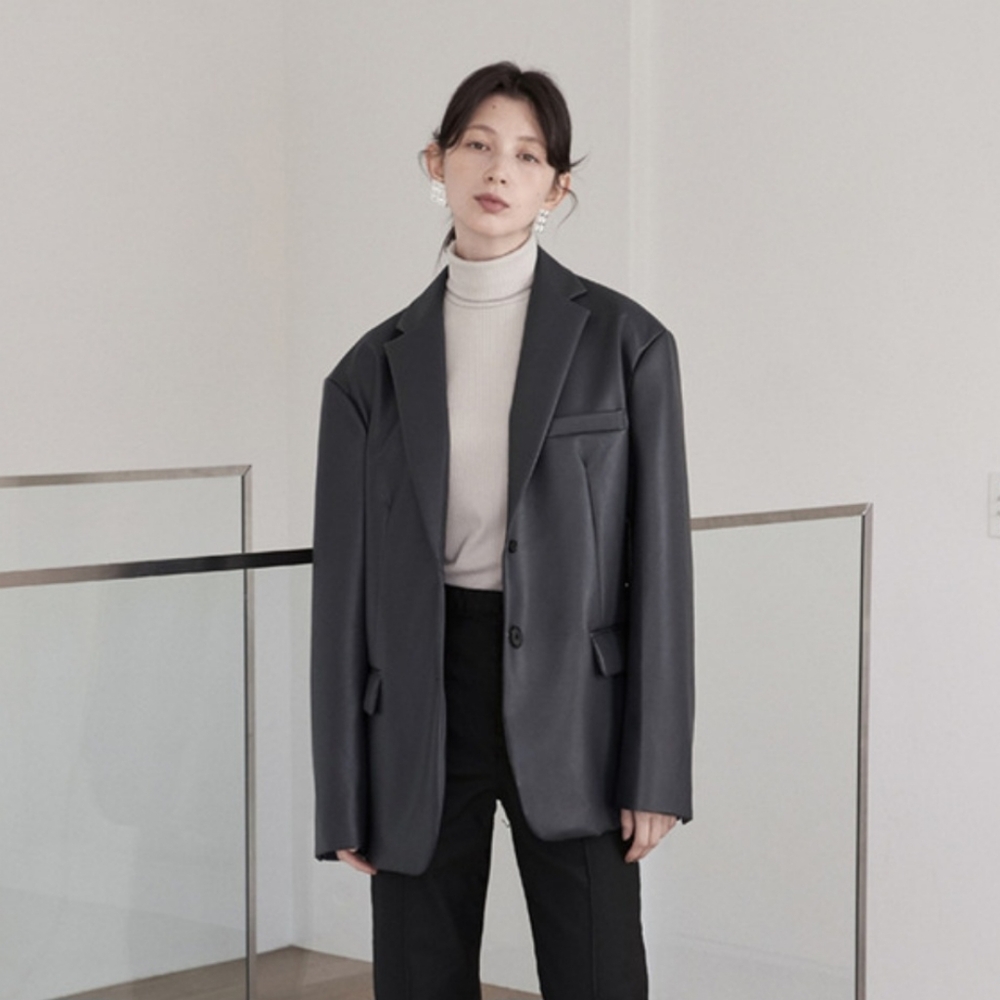 OUIE Faux-Leather Oversized Blazer, Charcoal/Black